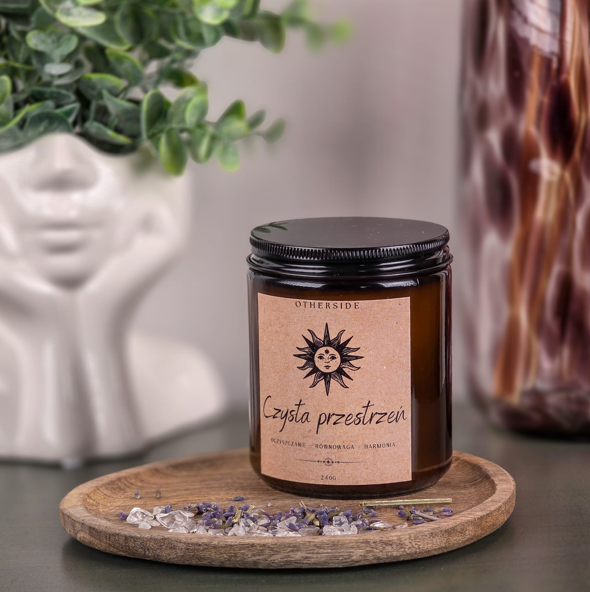 Świeca sojowa Czysta przestrzeń – biała szałwia, kryształ górski, lawenda