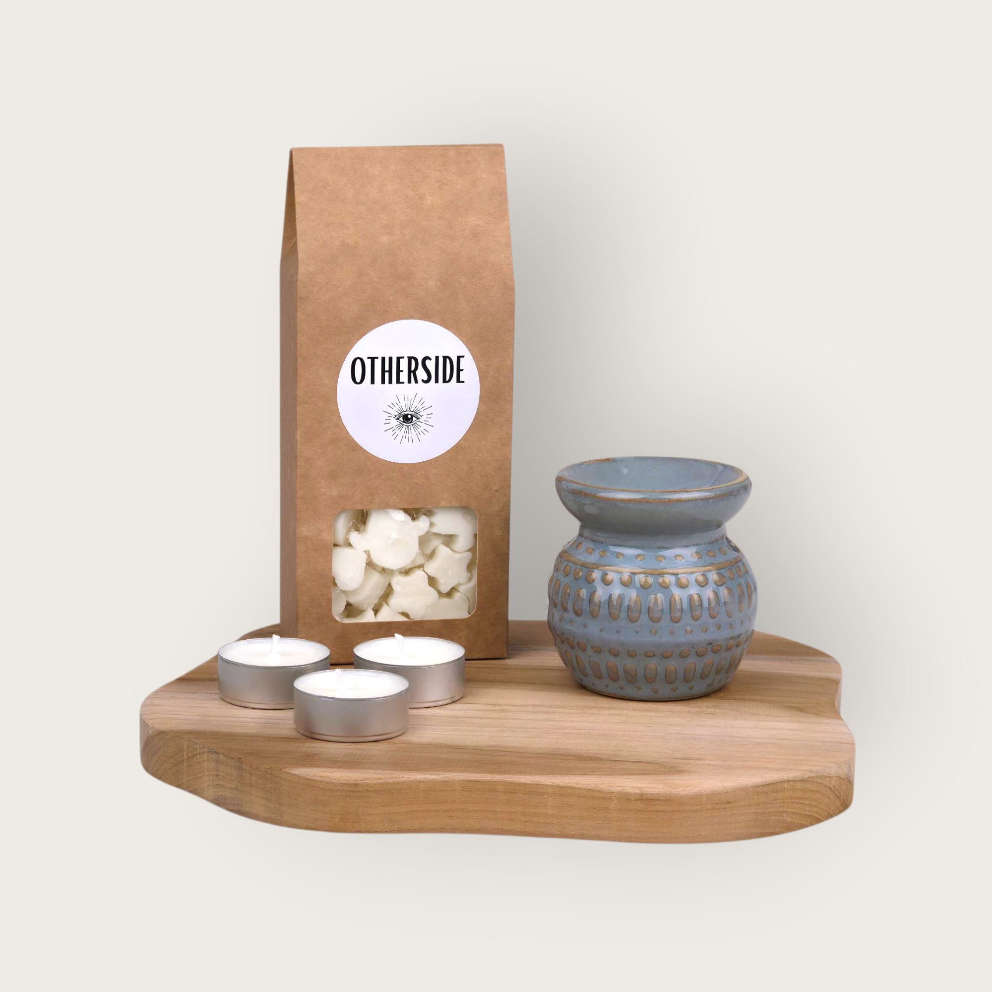 Zestaw kominkowy Lazurowe Kropelki Edenu – ceramika i wosk sojowy