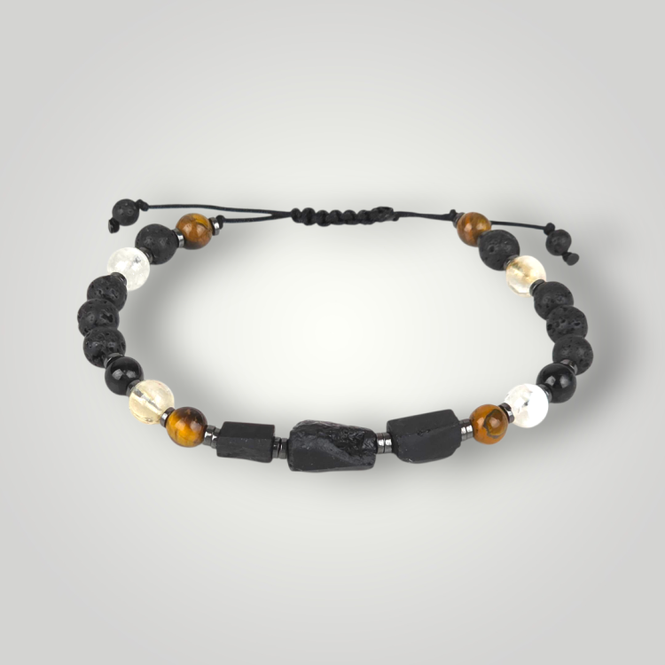 Bransoletka Totem Ochronny – turmalin, tygrysie oko i lawa wulkaniczna