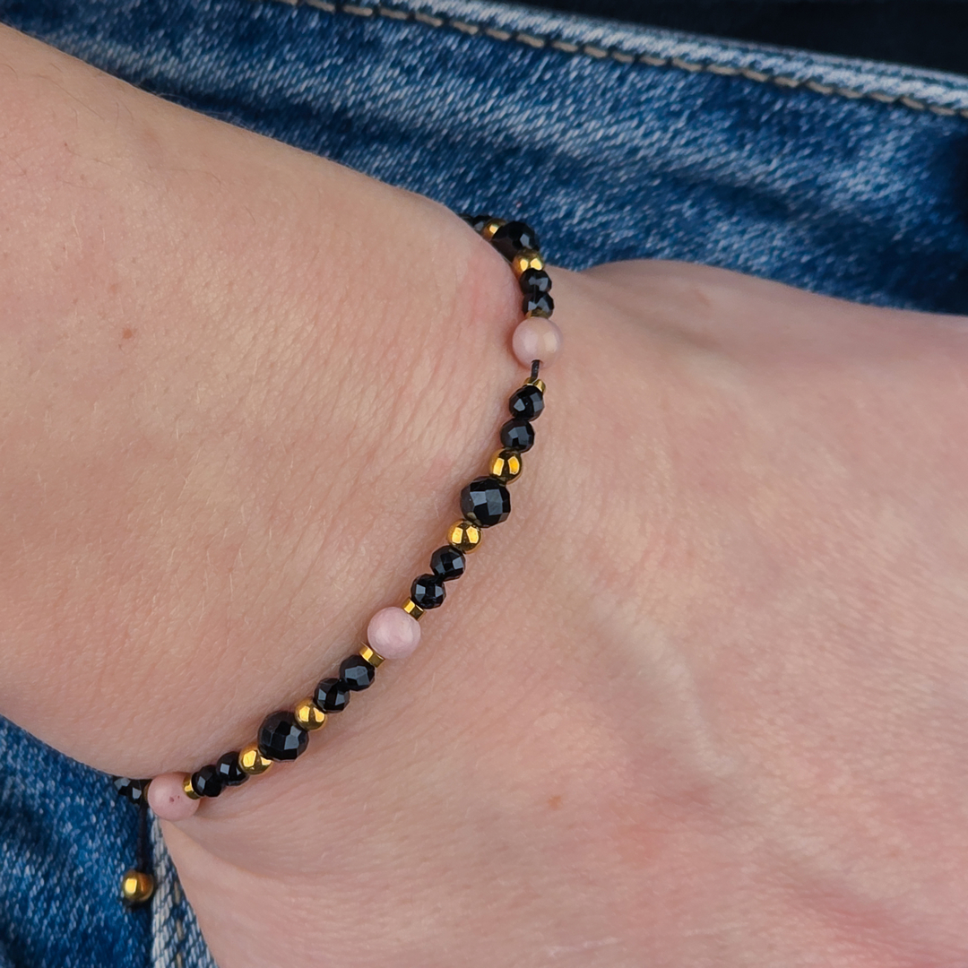 Bransoletka sznurkowa Serce i Siła – rodonit, turmalin, złoty hematyt