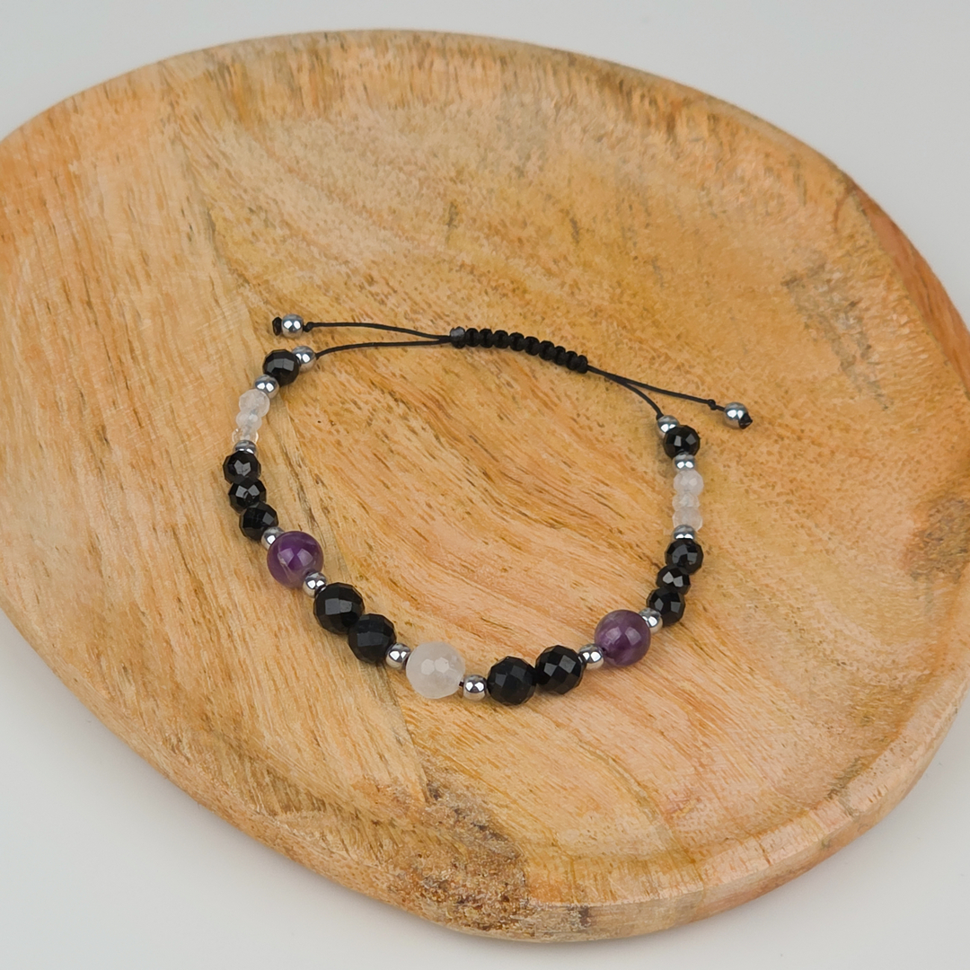 Bransoletka z turmalinu, kryształu górskiego i ametystu na regulowanym sznurku