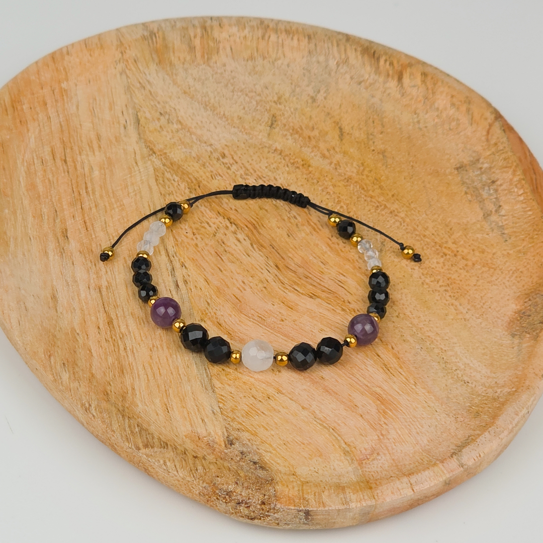 Bransoletka z turmalinu, kryształu górskiego i ametystu – złoty hematyt