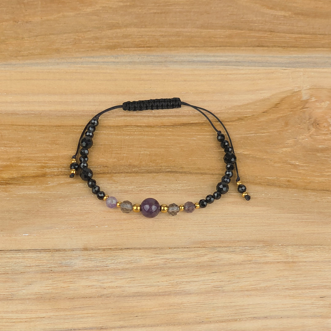 Bransoletka dla singielki na sznurku ametyst kwarc dymny turmalin hematyt
