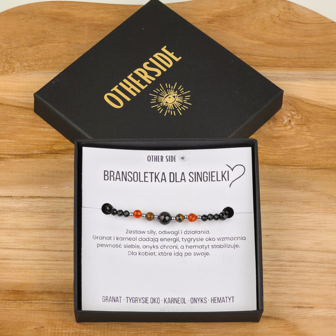 Detale kamieni granat tygrysie oko karneol onyks