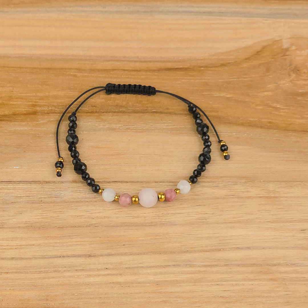 Bransoletka dla singielki na sznurku kwarc różowy rodonit kryształ górski turmalin