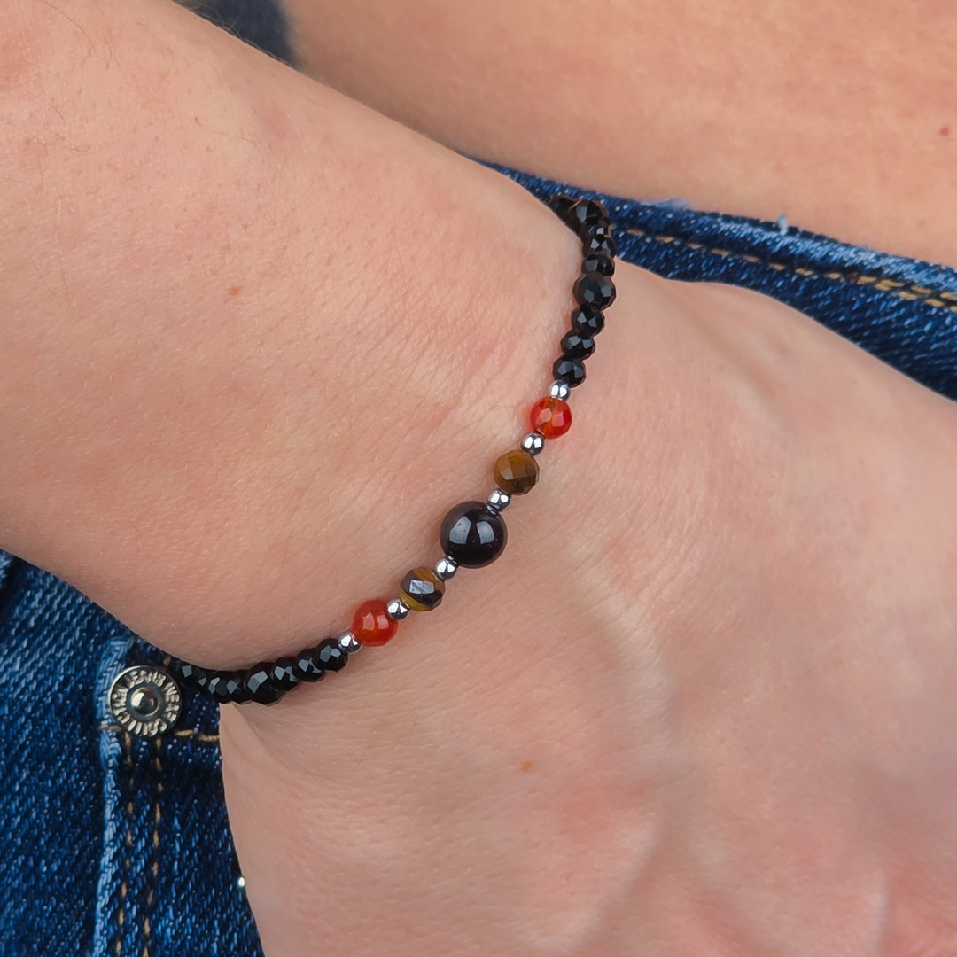 Bransoletka dla singielki granat tygrysie oko karneol onyks w pudełku prezentowym